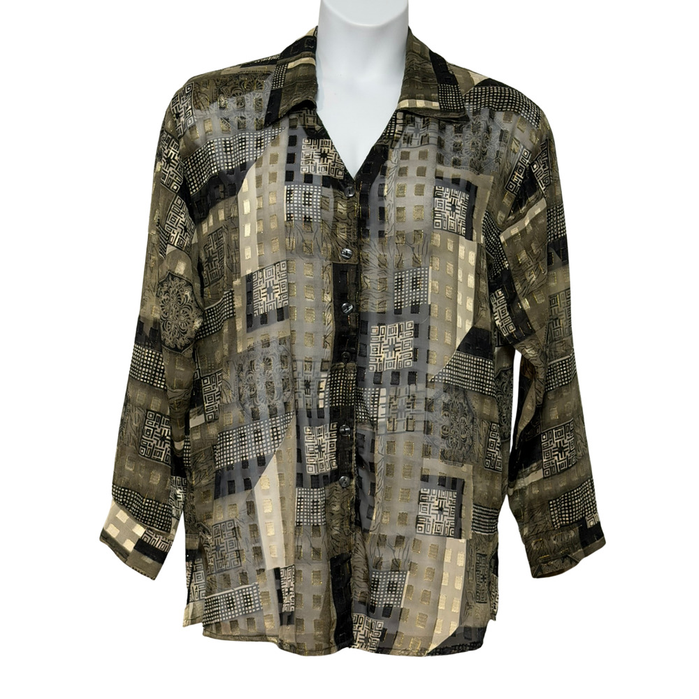 Vintage 90s Keren Hart Sz L Oversized Button Down Blouse Gray Colorblock Sheer